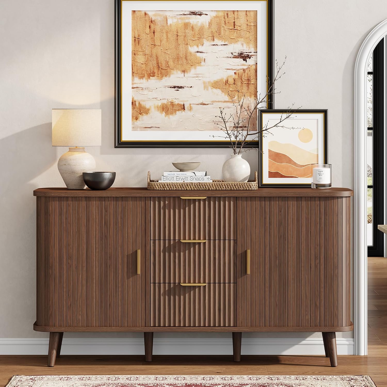 Lulive Walnut Buffet Cabinet, 55" Wide Sideboard Buffet Storage Cabinet | Rolling & Sliding Doors, 3 Wood Drawers, Bar Cabinet for Dining Room, Adjustable Shelves, Wooden Legs