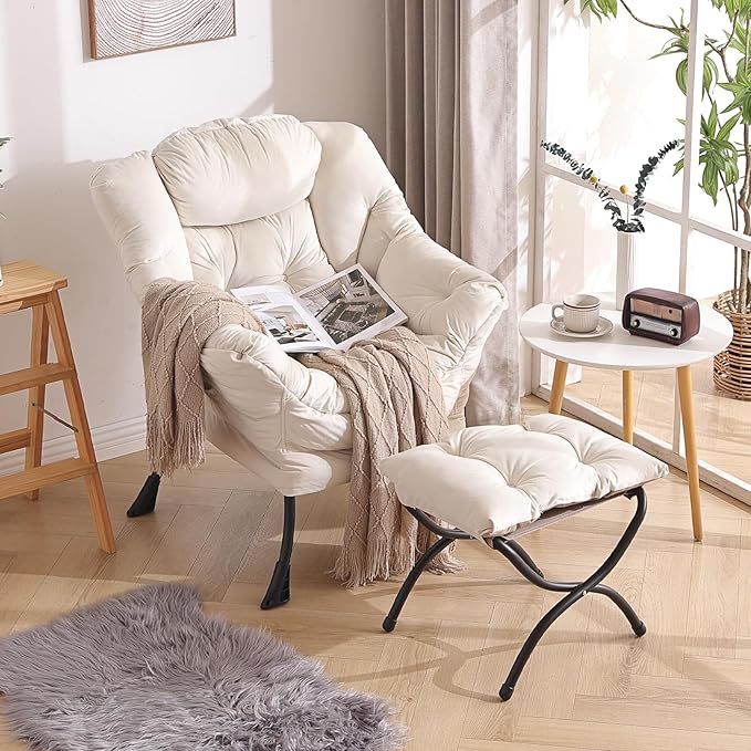 Welnow Lazy Chair with Ottoman, Modern Lounge Accent Chair with Armrests and a Side Pocket, Leisure Sofa Armchair, Reading Armchair with Footrest for Small Space, Beige