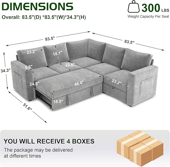 83.5" Sectional Sleeper Sofa with Pull Out Couch, Modern 5 Seat L Shaped Modular Couch, Sectionals Modular Sofa with Storage, Comfy Sectional Couches for Living Room & Apartment, Light Gray