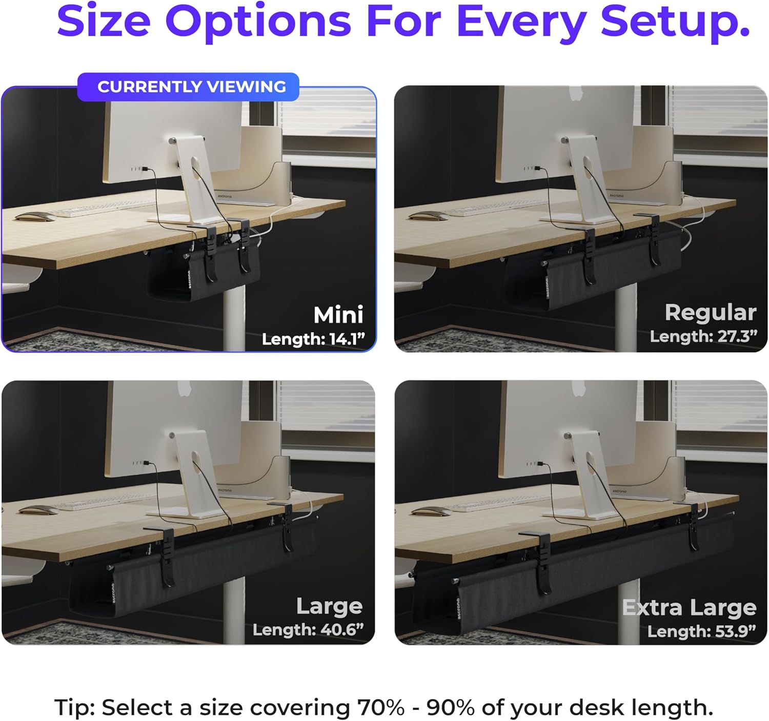 Ascrono Original No Drill Under Desk Cable Management Tray 14.1" - Premium Black Fabric Cable Management Under Desk - Clamp/Screw Mount Cord Organizer - Supports Upto 66lbs