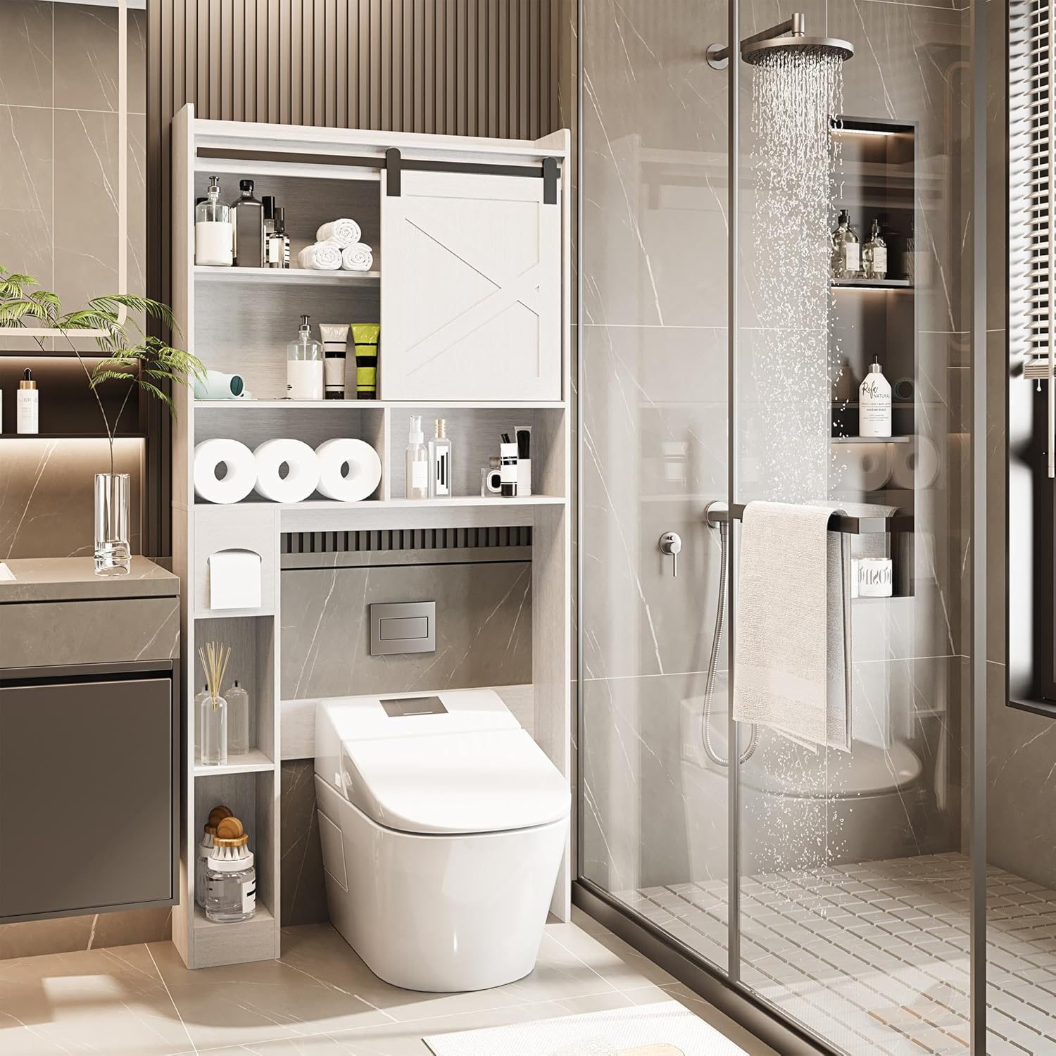 LAUSAINT HOME Over The Toilet Storage Cabinet, Bathroom Storage Cabinet Over Toilet with Anti-Tip Device, Space-Saving Toilet Shelf, for Laundry, Room, Bathroom