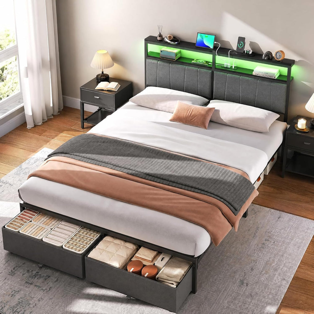 Queen Bed Frame with Storage Drawers and Charging Station, Grey