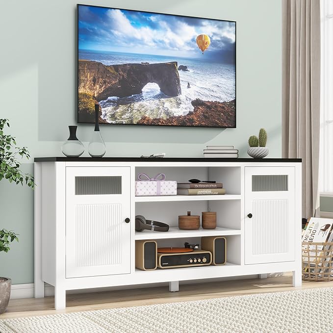 White Tv Stands for Living Room: 63 Inch Tv Cabinet for Tvs Up to 75 Inch, Tall Entertainment Center with Storage, Modern Fluted Media Console for 60 65 70 75 Inches Television (White)