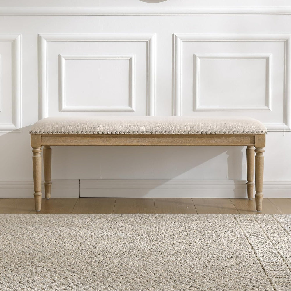 46'' French Country Entryway Bench Wooden Linen Fabric Upholstered Se...