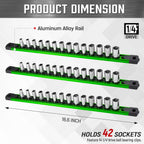 ALOANES 3-Piece Magnetic Socket Organizer, Heavy Duty Aluminum Socket Rails Organizer, 360° Swivel Clips Socket Holder Kit for Tool Box, 1/4-Inch Socket Holder x 42 Clips (Green)