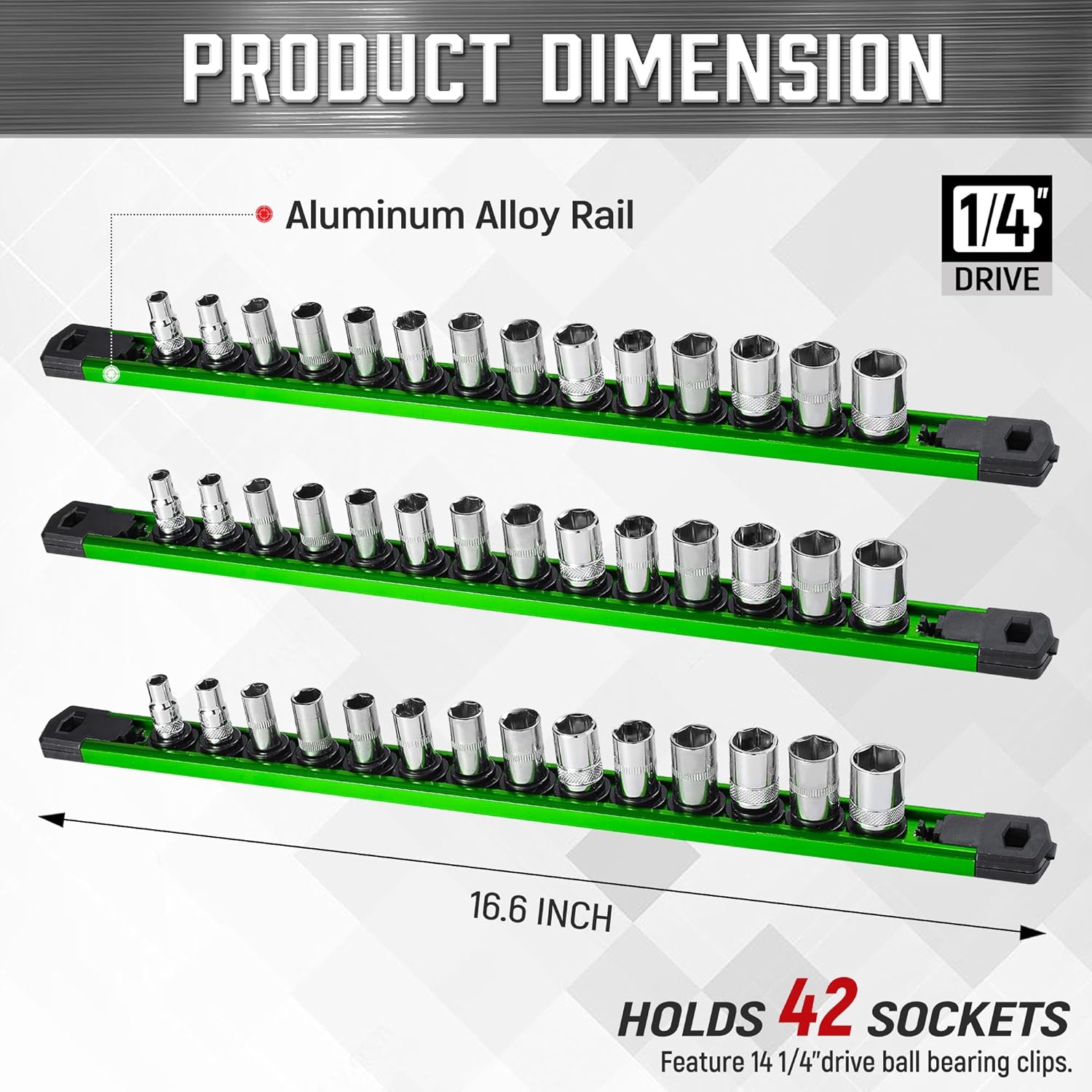 ALOANES 3-Piece Magnetic Socket Organizer, Heavy Duty Aluminum Socket Rails Organizer, 360° Swivel Clips Socket Holder Kit for Tool Box, 1/4-Inch Socket Holder x 42 Clips (Green)