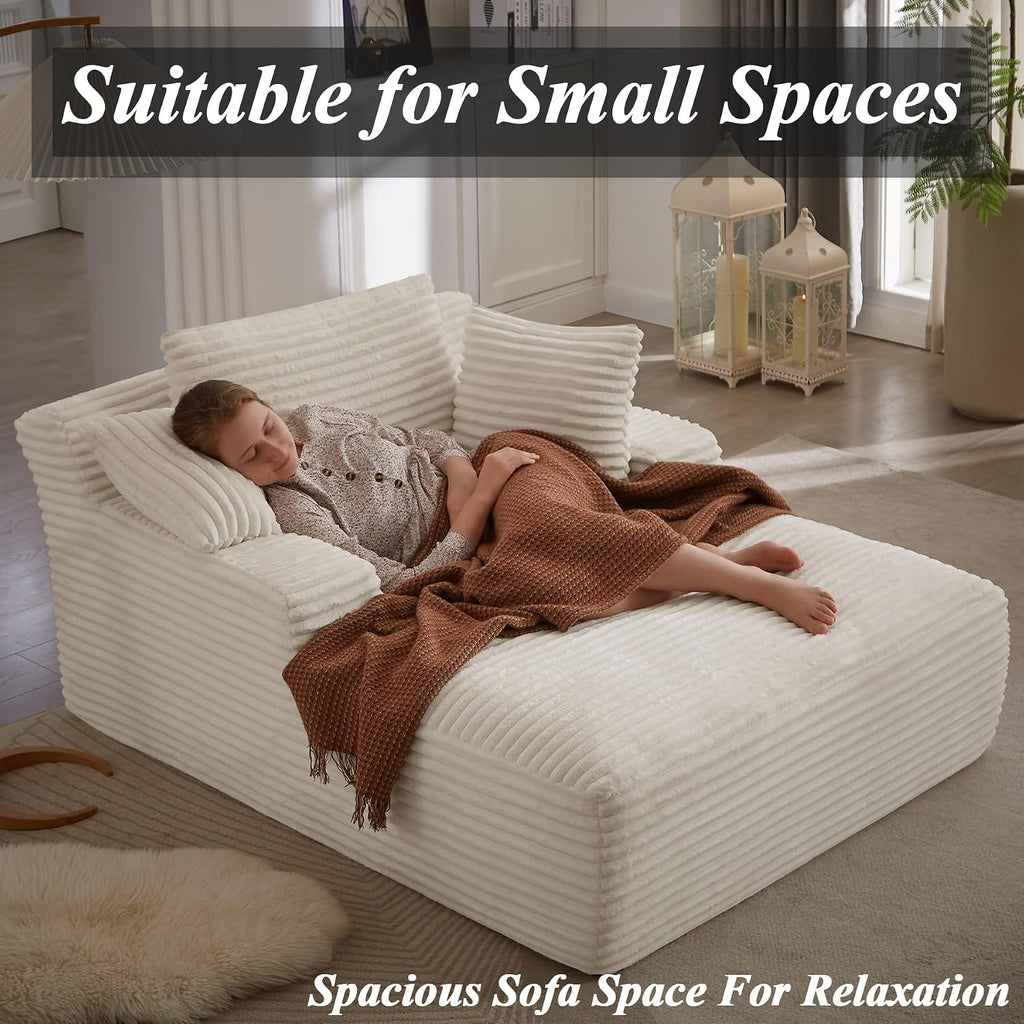 67 Inch Oversized Chaise Lounge Sofa Chair Indoor with 2 Pillows & Armrest, Comfy Upholstered Corduroy Single Sleeper Sofa Chair Bed for Living Room & Bedroom, No Assembly Required (White)