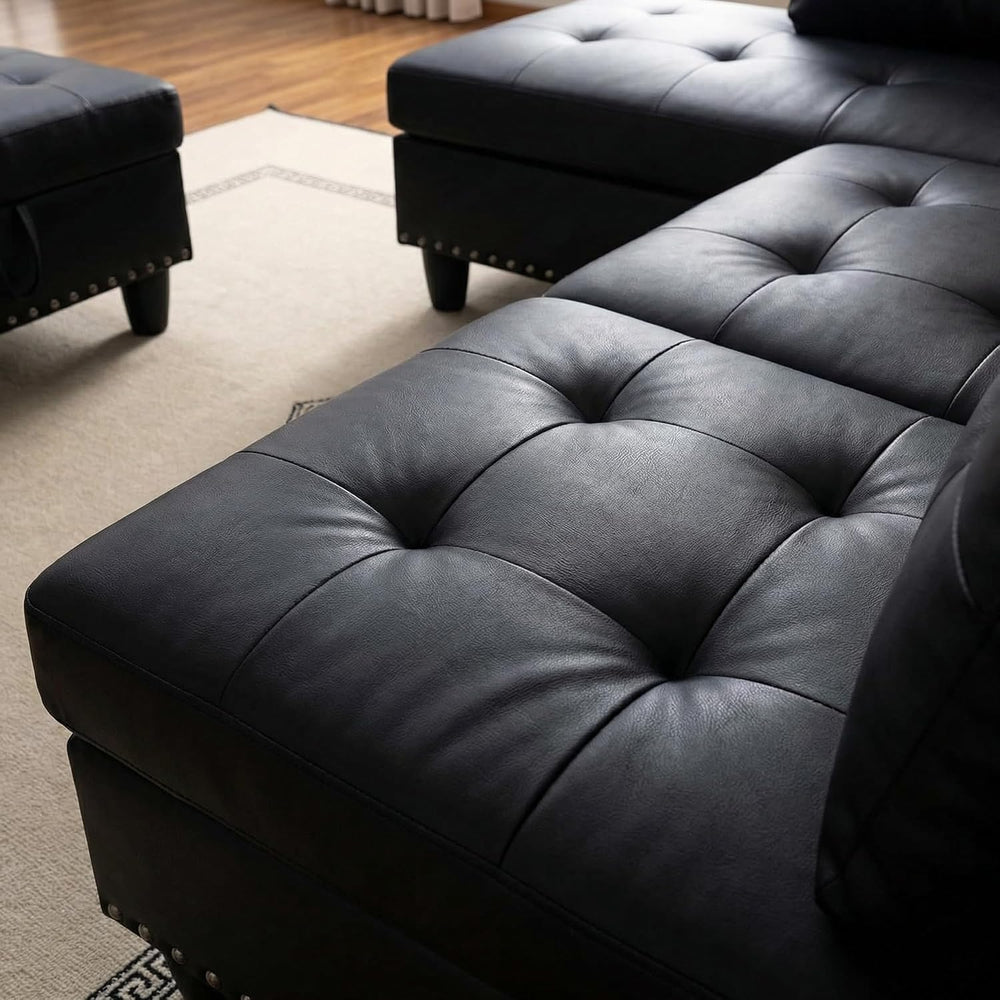 Leather L-Shaped Couch Set, 97.5"L x 69.5"W Sectional Sofas Black |...