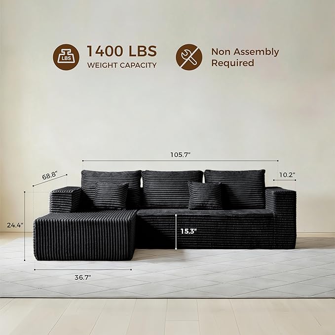 106" Black Corduroy Boneless Modular Sectional Sofa, Cloud-Louch Deep Seat Sofa with Left Chaise for Living Room & Bedroom（L-Shaped Right-Facing Recliner）