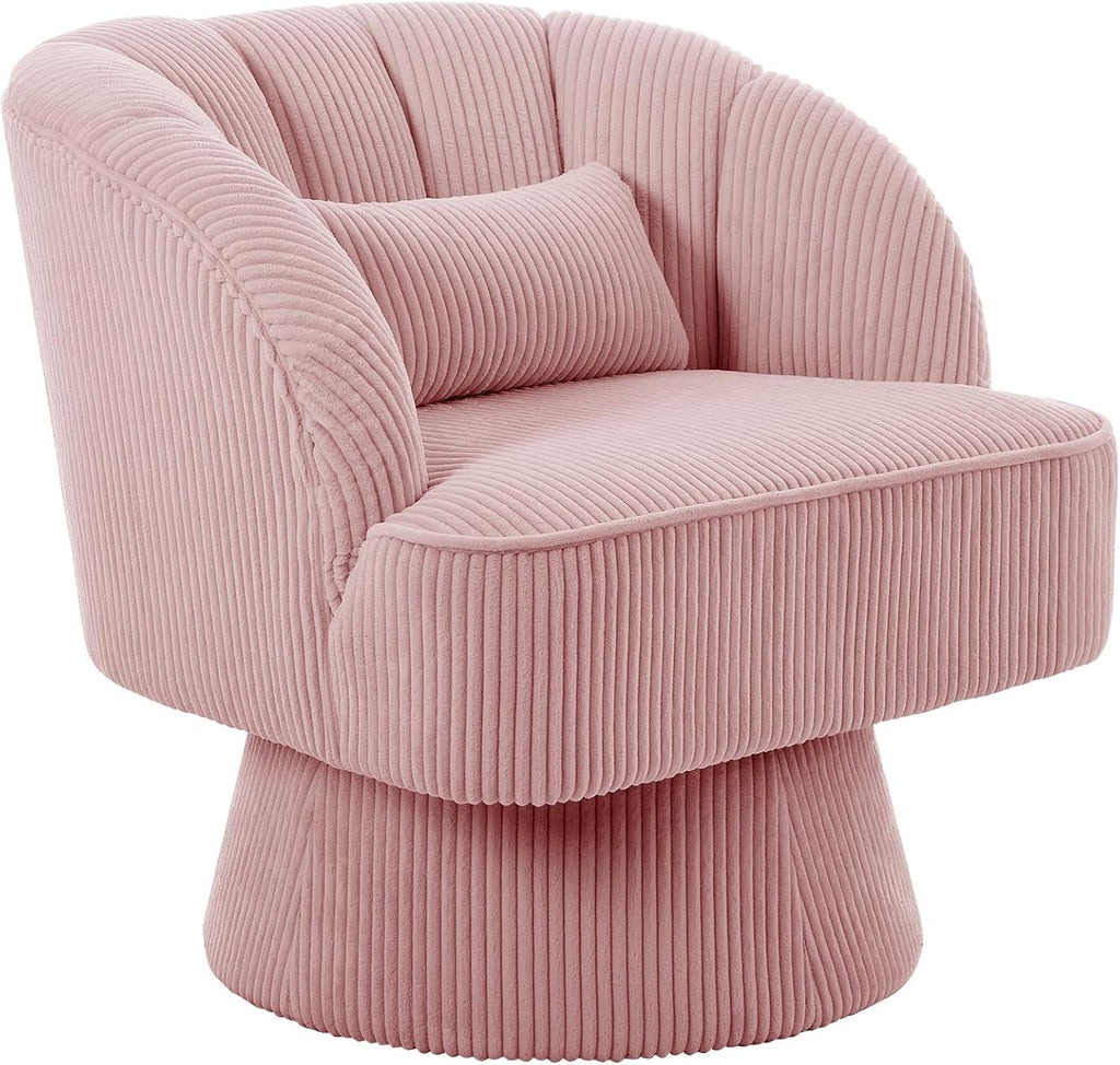 Modern 360° Swivel Barrel Accent Chair, Velvet Upholstered Armchair with Striped Backrest & Plush Cushion, Comfy Round Lounge Chair for Living Room Bedroom, Pink