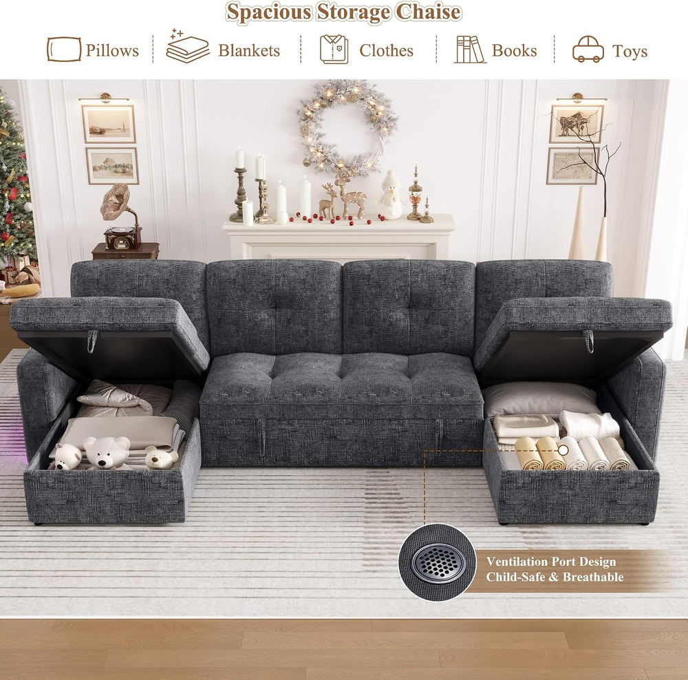 107'' LED U-Shaped Sectional Couch for Living Room, Sleeper Sofa Bed,...
