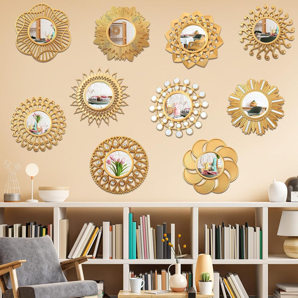 Barydat 10 Pcs Boho Gold Sun Mirrors for Wall Decor 10 Inches Plastic Decorat...