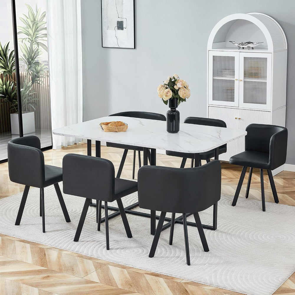 Merax 7-Piece Dining Set with Faux Marble Table, PU Upholstered Chairs, Space...