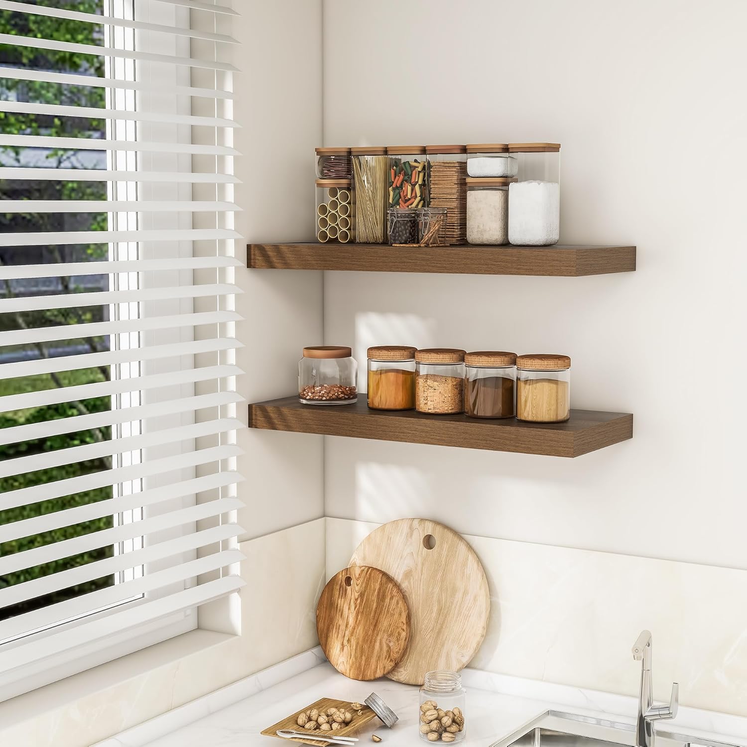 RICHFOCUS 31.5Inch Floating Shelves for Wall 2 Pack Shelves for Bedroom|Kitchen|Bathroom Wall Mounted Rustic Wood Floating Shelf with Invisible Brackets for Books|Storage|Decor, Walnut