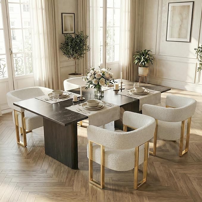 STHOUYN Modern White Boucle Dining Chairs Set of 4 with Gold Metal Legs, Mid ...