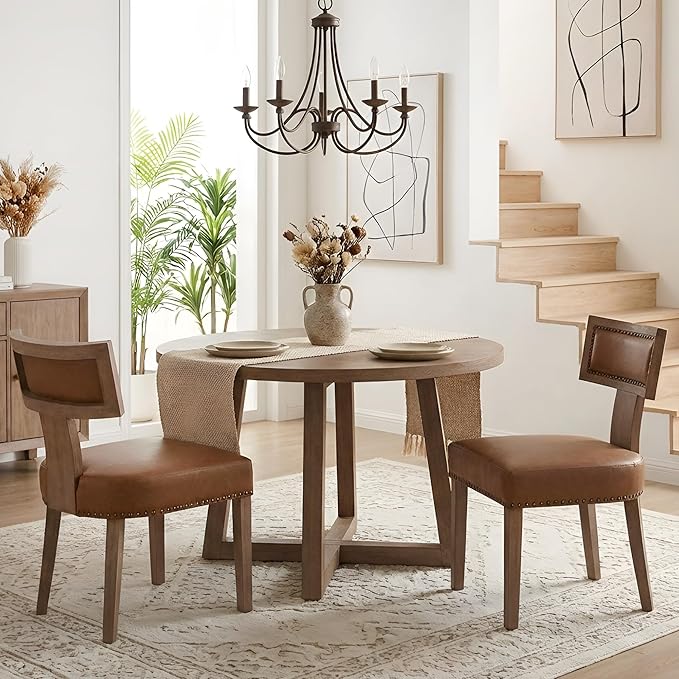 HNY Mid Century Modern Dining Chairs Set of 2, Farmhouse PU Leather Upholstered Accent Chairs Curved Nailhead Trim Backrest Kitchen Chairs, with Hardwood Frame, Brown