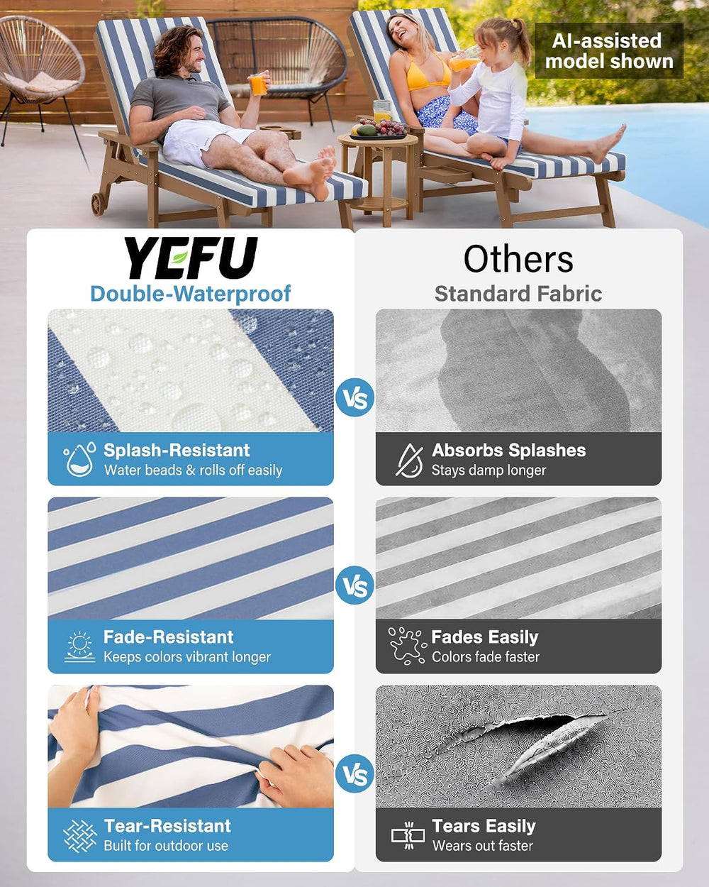 YEFU Chaise Lounge Cushions Outdoor, 72x21x3, Set of 2, Navy Cabana Stripe