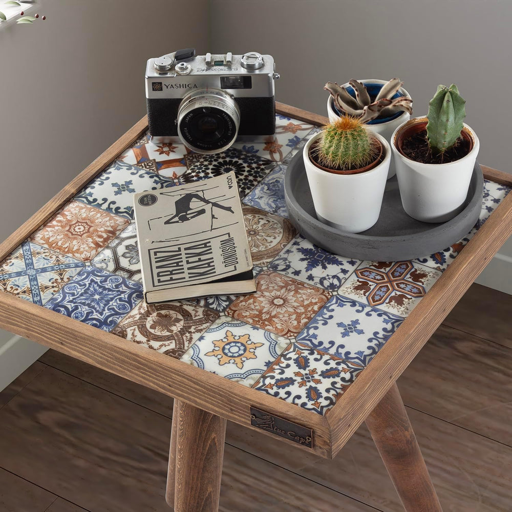 Mexican Tile Mosaic Side Table, Walnut Color Square Ceramic Accent Table with...