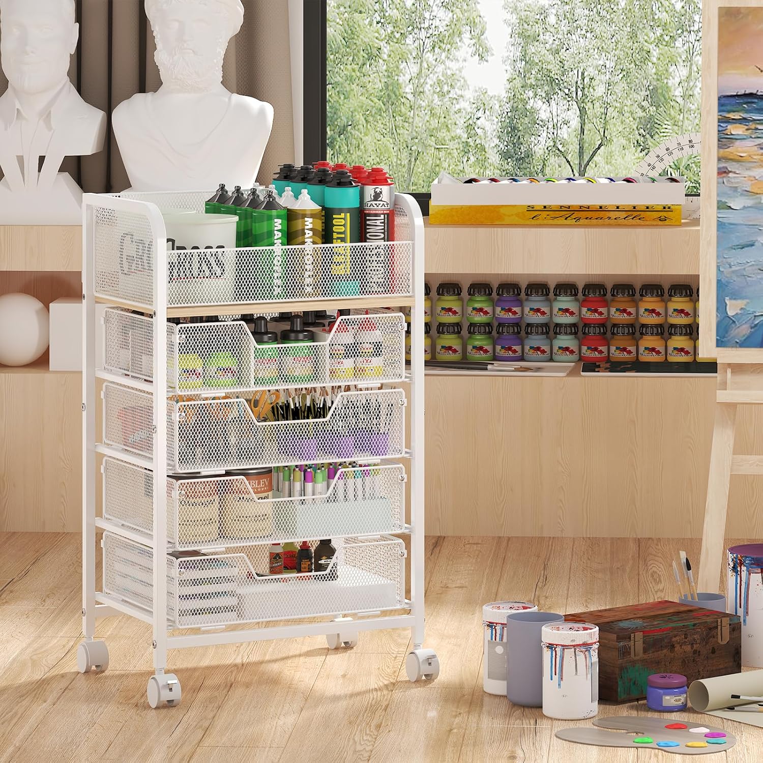 5-Tier Craft Organizer Cart with Wheels,Craft Organizers and Storage with Drawers,Lockable Wheels Rolling Utility Cart with DIY Divider,Office Supply Organizer,Ideal for Studio,Office,Bedroom,White