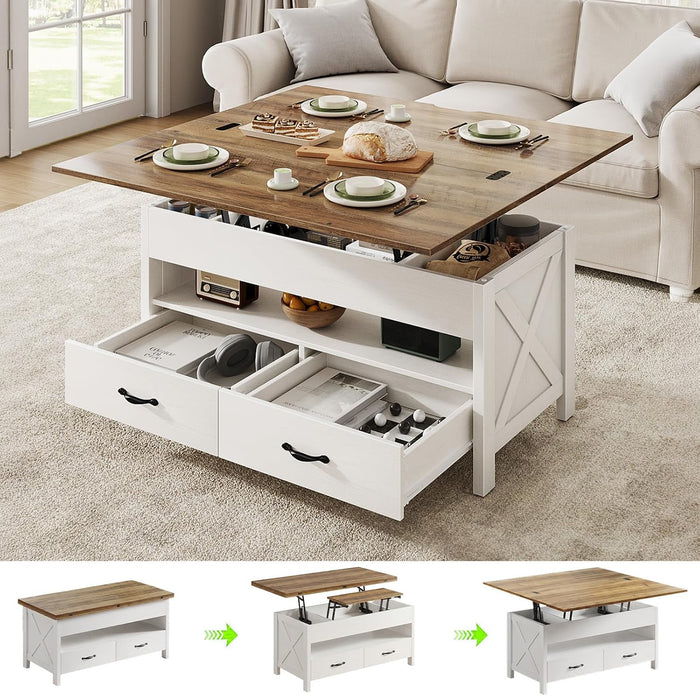 Marsail 40" Lift Top Coffee Table, 4 in 1 Coffee Table with Hidden Compartment, 1 Open Shelf and 2 Drawers, Multifunctional Farmhouse Center Table for Living Room and Home Office, Brown and White