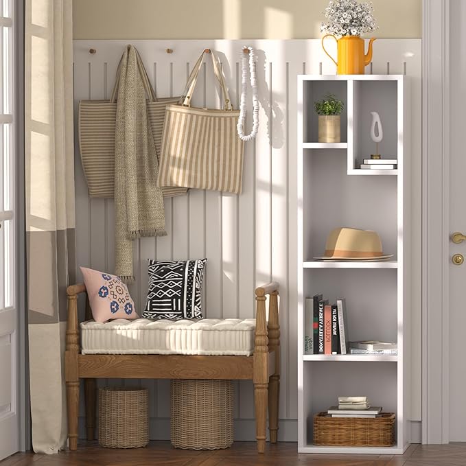 VECELO Small White Bookshelf, 5 Cube Slim Bookcase, Fits Tallest Hardcovers, Horizontal Available, Modern Floor Standing Unit, Each Shelf Hold Up to 66 LBS,Pearl White