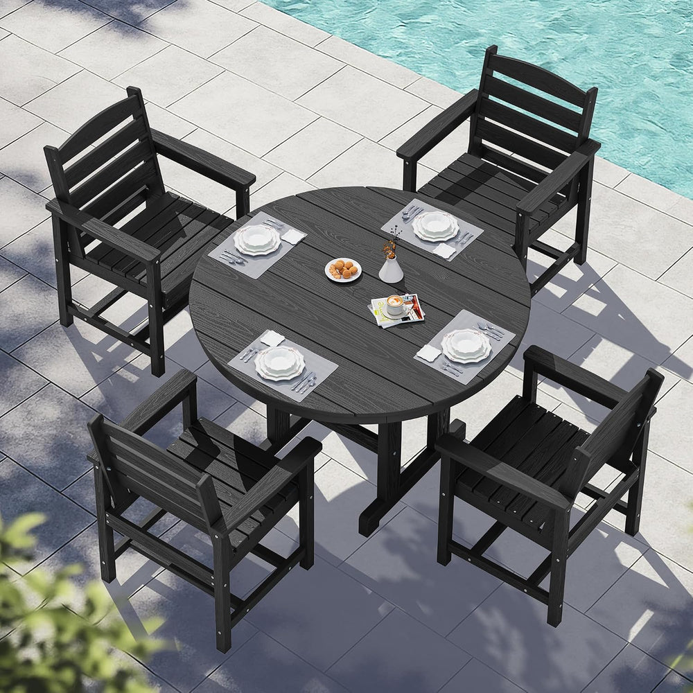 SERWALL 5-Piece HDPE Round Dining Set, 45" Table, 4 Chairs, Black