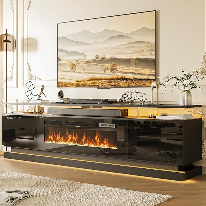 70" Fireplace TV Stand, Modern Entertainment Center for TVs Up to 80”, TV Console with Storage Cabinets, Media Console for Living Room, Black TV Stand and Black Fireplace