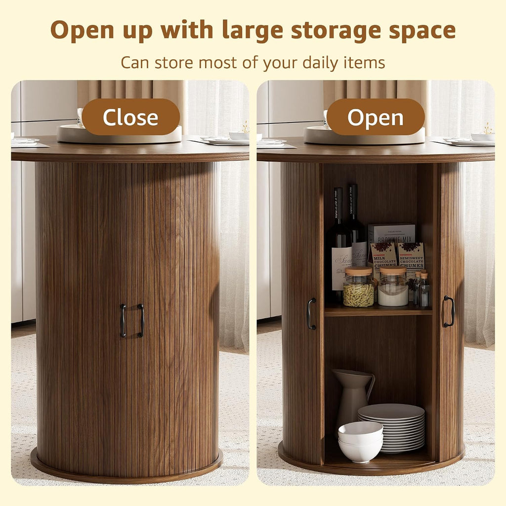 31.5 inch Round Dining Table for 2, Small Dinner Table with 2-Layer Storage Shelf, Morden Circle Kitchen Table with Wood Strip Base and Slide Door for Home Dining Room, Living Room, Walnut
