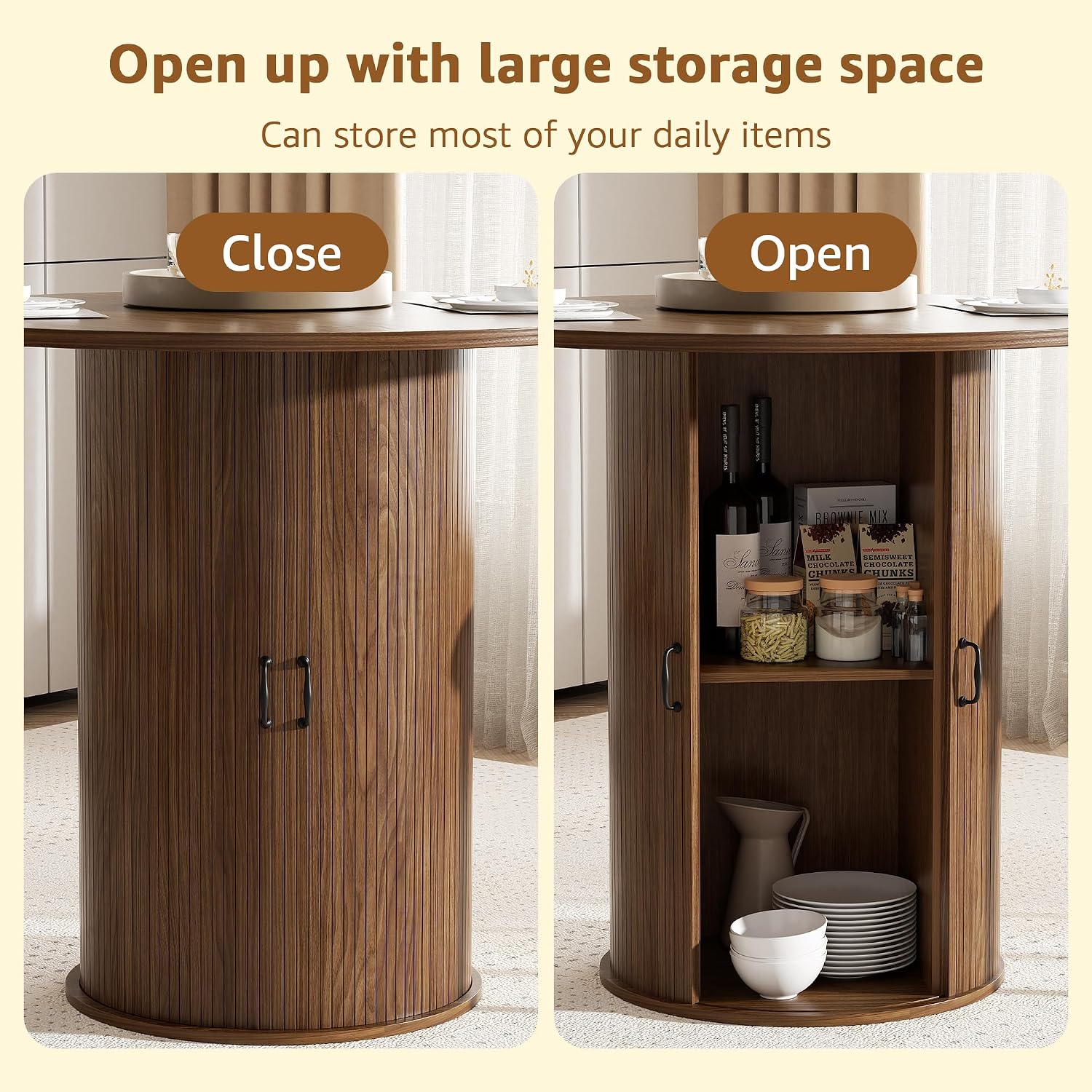 31.5 inch Round Dining Table for 2, Small Dinner Table with 2-Layer Storage Shelf, Morden Circle Kitchen Table with Wood Strip Base and Slide Door for Home Dining Room, Living Room, Walnut