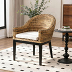 DUHOME Rattan Accent Chair - Modern Armchair with Natural Rattan Armrest, Black Solid Wood Legs & Inset Beige Cushion, Leisure Chair for Balcony Living Room