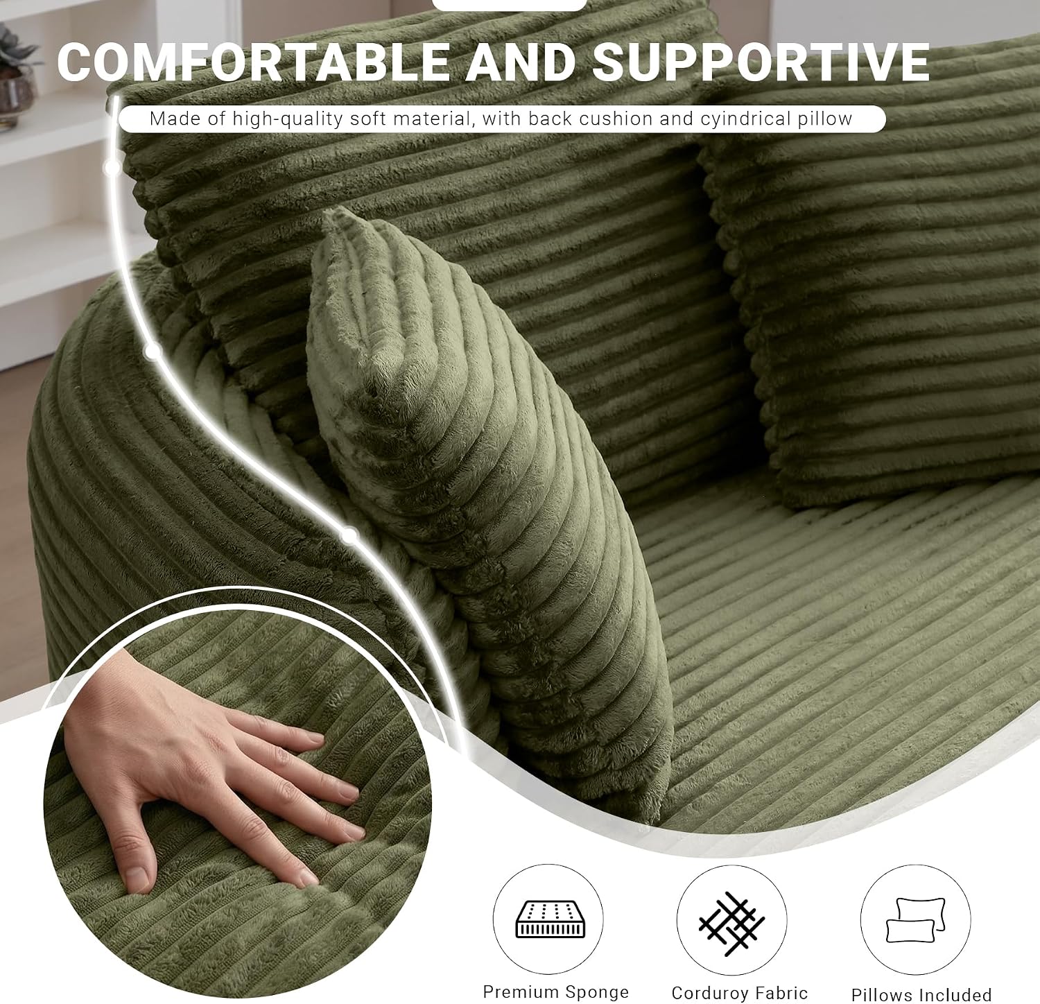 ivoros Oversized Round Lounge Chair Indoor, Corduroy Upholstered Deep Seat Cloud Circle Sofa Chair, Fluffy Boneless Sleeper Chair for Reading & Lounging, No Assembly Required (Green)