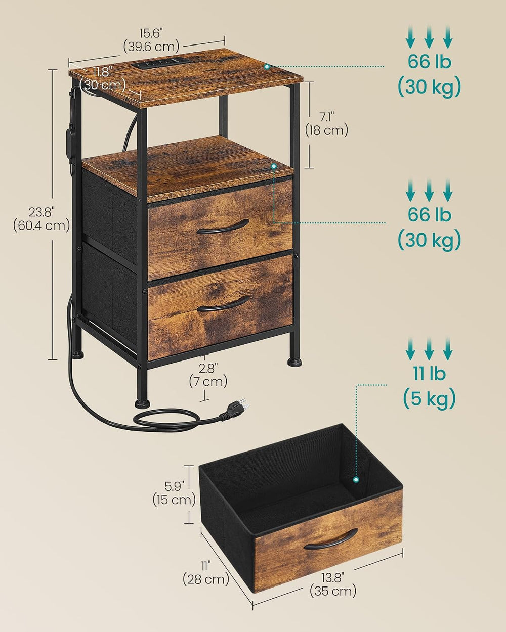SONGMICS LED Nightstand with Charging Station, 2 Fabric Drawers, Brown