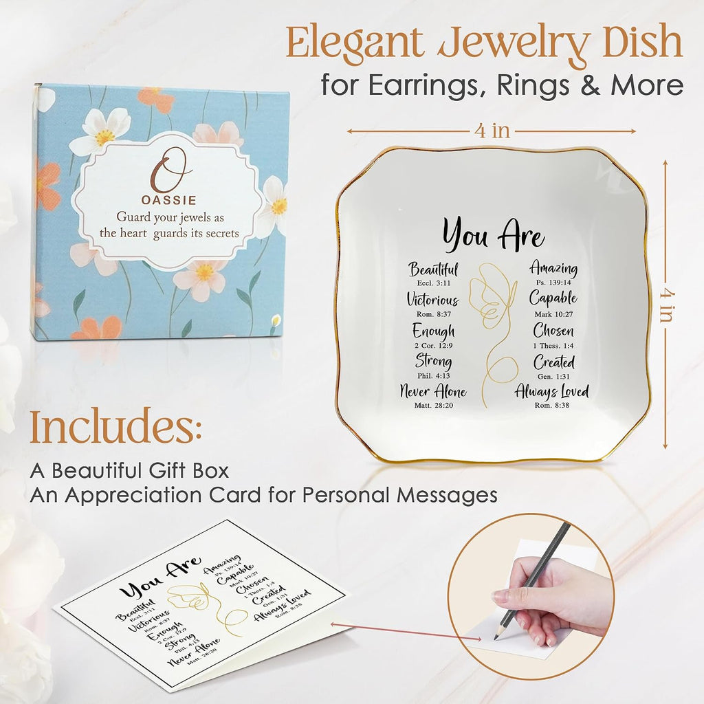 Christian Gifts for Women - You Are 4"x4" Ceramic Jewelry Dish Tray | Appreciation Gifts, Christian Gift, Gold Trim Design, Ring Dish for Women, Desk Vanity Decor, Polished Finish