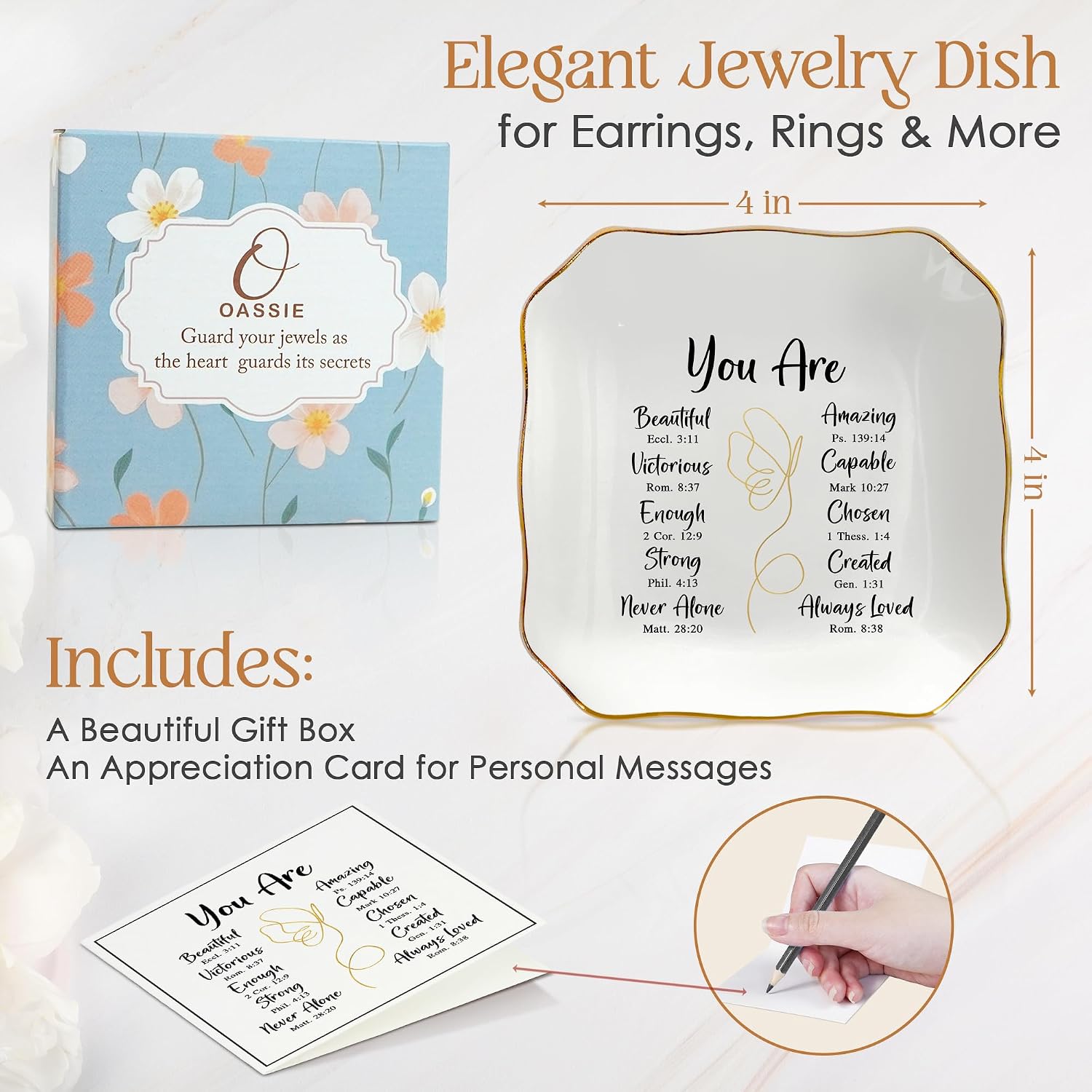 Christian Gifts for Women - You Are 4"x4" Ceramic Jewelry Dish Tray | Appreciation Gifts, Christian Gift, Gold Trim Design, Ring Dish for Women, Desk Vanity Decor, Polished Finish