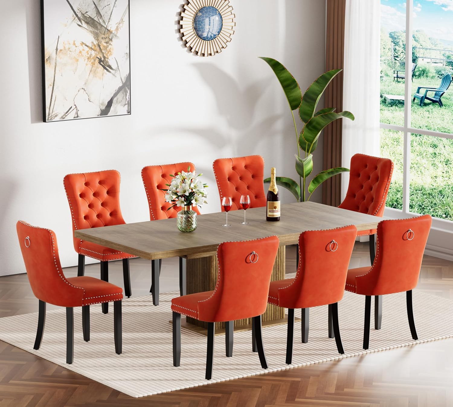 Extendable Dining Table Set for 8, 78.74" Expandable Dining Table with 8 Orange Upholstered Tufted Chairs, Large Wooden Expanding Kitchen Table and Chairs Set of 8, 9 Piece Extendable Dining Table Set