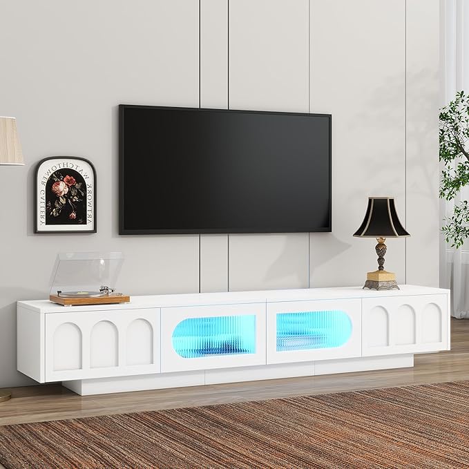 Ball & Cast Modern TV Stand with Fluted Tempered Glass Doors for TVs up to 95'', Entertainment Center w/Led Lights, Cabinets & 2 Drawers,Arched Door Design,Media Console for Living Room,White