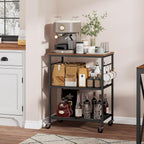 Homleke 3-Tier Rolling Kitchen Microwave Cart, Kitchen Utility Cart on Lockable Wheels, Coffee Bar Table Station with 6 S-Shaped Hooks, Small Appliance Storage Shelf, Rustic Brown and Black