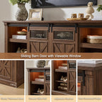 Fireplace TV Stand for up to 80 Inch TVs, 32’’ Tall LED Entertainment Center with Electric Fireplace, Farmhouse TV Console Table w/Sliding Barn Door & Window for Living Room, Brown