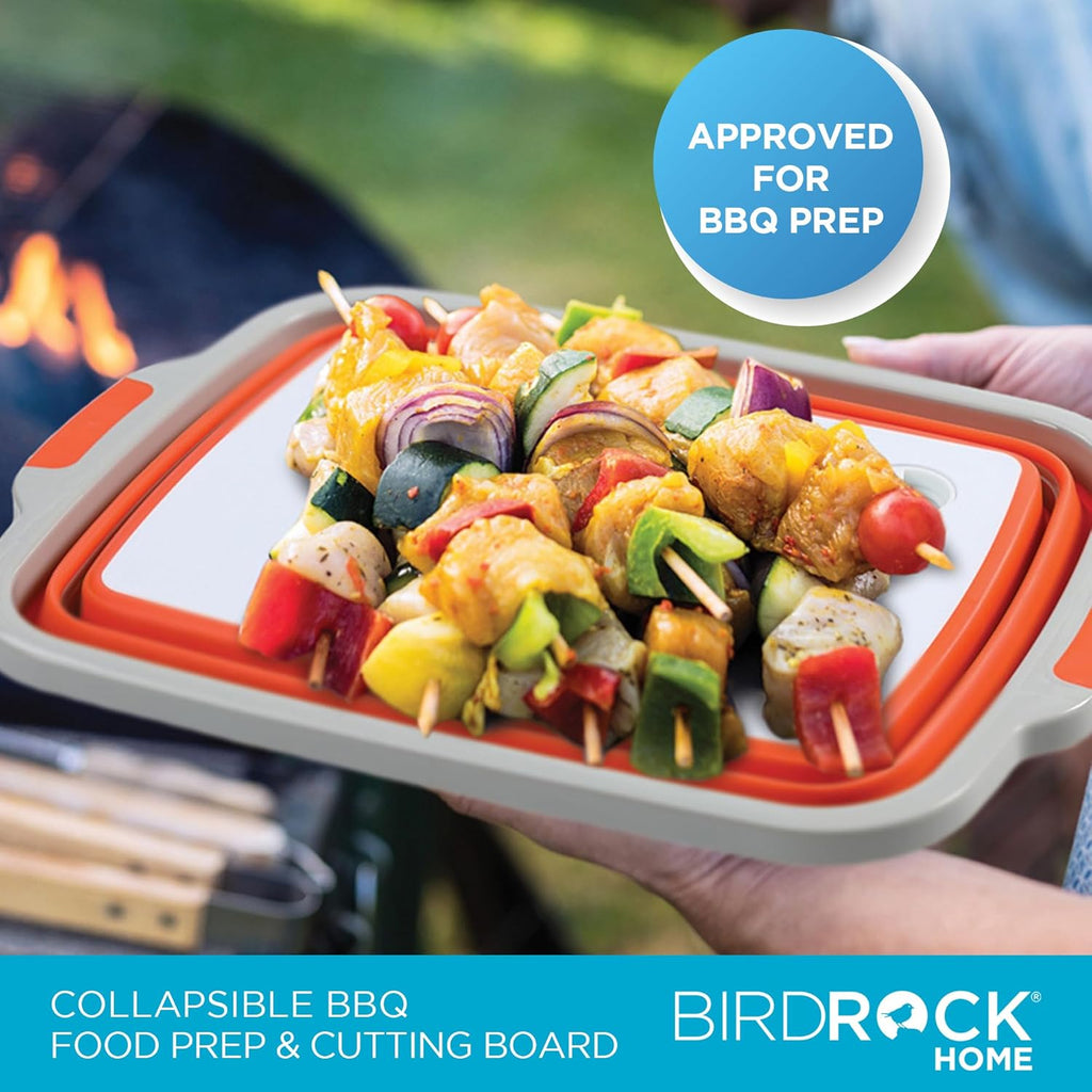 BIRDROCK HOME Collapsible Large BBQ Prep Tub w/Cutting Board, Multi-Function Grill Caddy w/Colander & Lid, Portable Silicone Dish Bowl for Picnic, Tailgate, Camping - Orange + 2pc BBQ Mitts