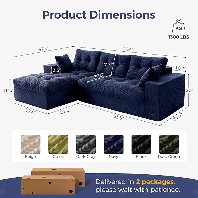 MAXYOYO 104" L Shaped Modular Sectional Sofa with Ottoman, Tufted Boneless Couch with Layered Cushion, Upholstered Flexible Module Combination Sofa for Living Room, No Assembly, Navy