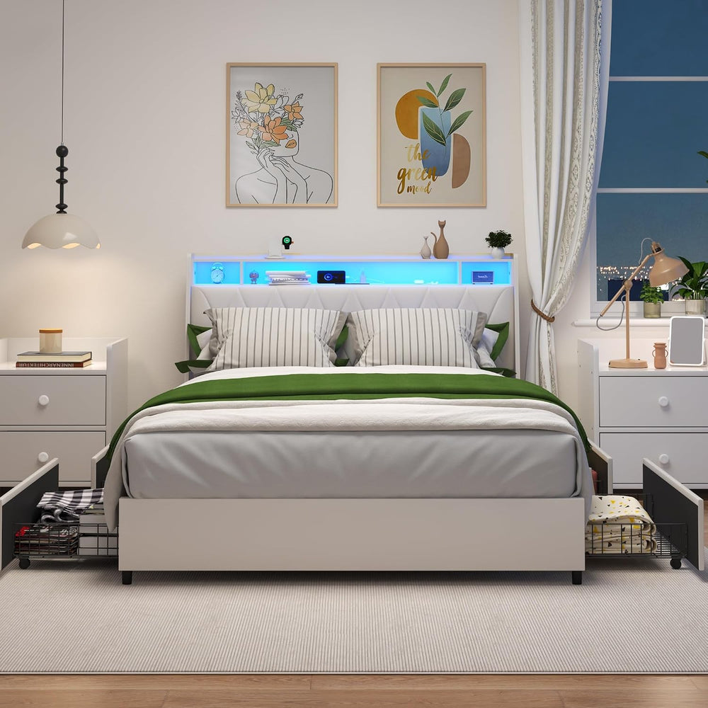 Peanu Queen Bed Frame, Ergonomic Headboard, White Metal Platform
