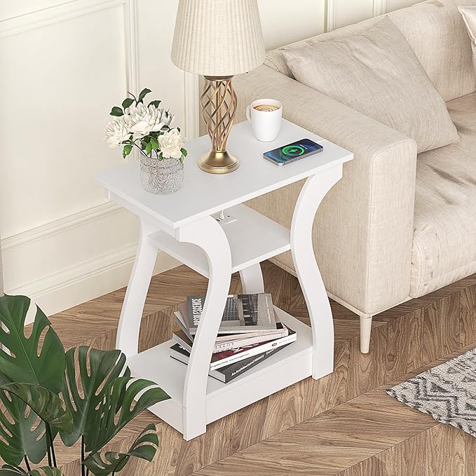 End Tables Living Room, White End Table with Charging Station,White Side Tabl...