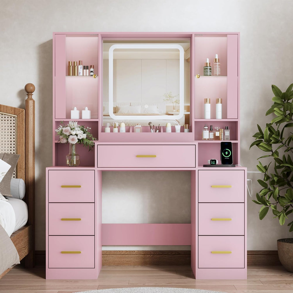BORNOON Vanity Desk with Mirror and Lights, Makeup Vanity with 7 Drawers, 2 G...