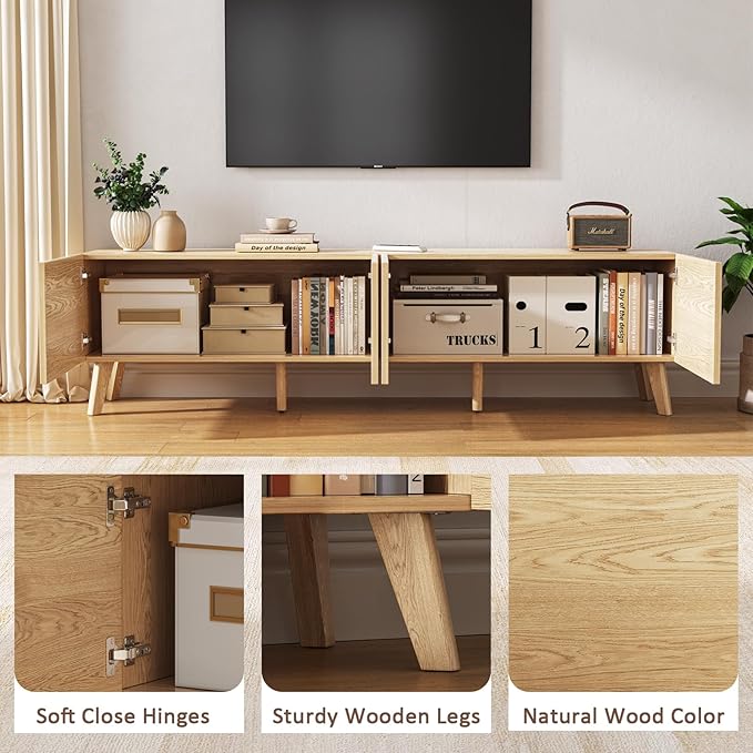 70.9” TV Stand for TVs up to 70,TV Console with Two Storage Compartments, Modern Entertainment Center with 6 Supporting Legs and Grooved Drawer Fronts, TV Stand for Living Room, Bedroom, Natural