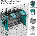 CCCEI Modular Power Tool Organizer Wall Mount with Charging Station. Garage Drill Storage Shelf with Hooks, Heavy Duty Rack, Tool Battery Holder Built in 8 Outlet. Gift for Men. Navy Blue, 1 Pack.