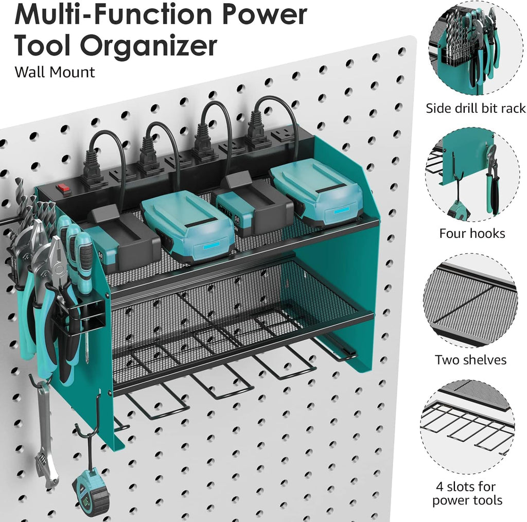 CCCEI Modular Power Tool Organizer Wall Mount with Charging Station. Garage Drill Storage Shelf with Hooks, Heavy Duty Rack, Tool Battery Holder Built in 8 Outlet. Gift for Men. Navy Blue, 2 Pack.