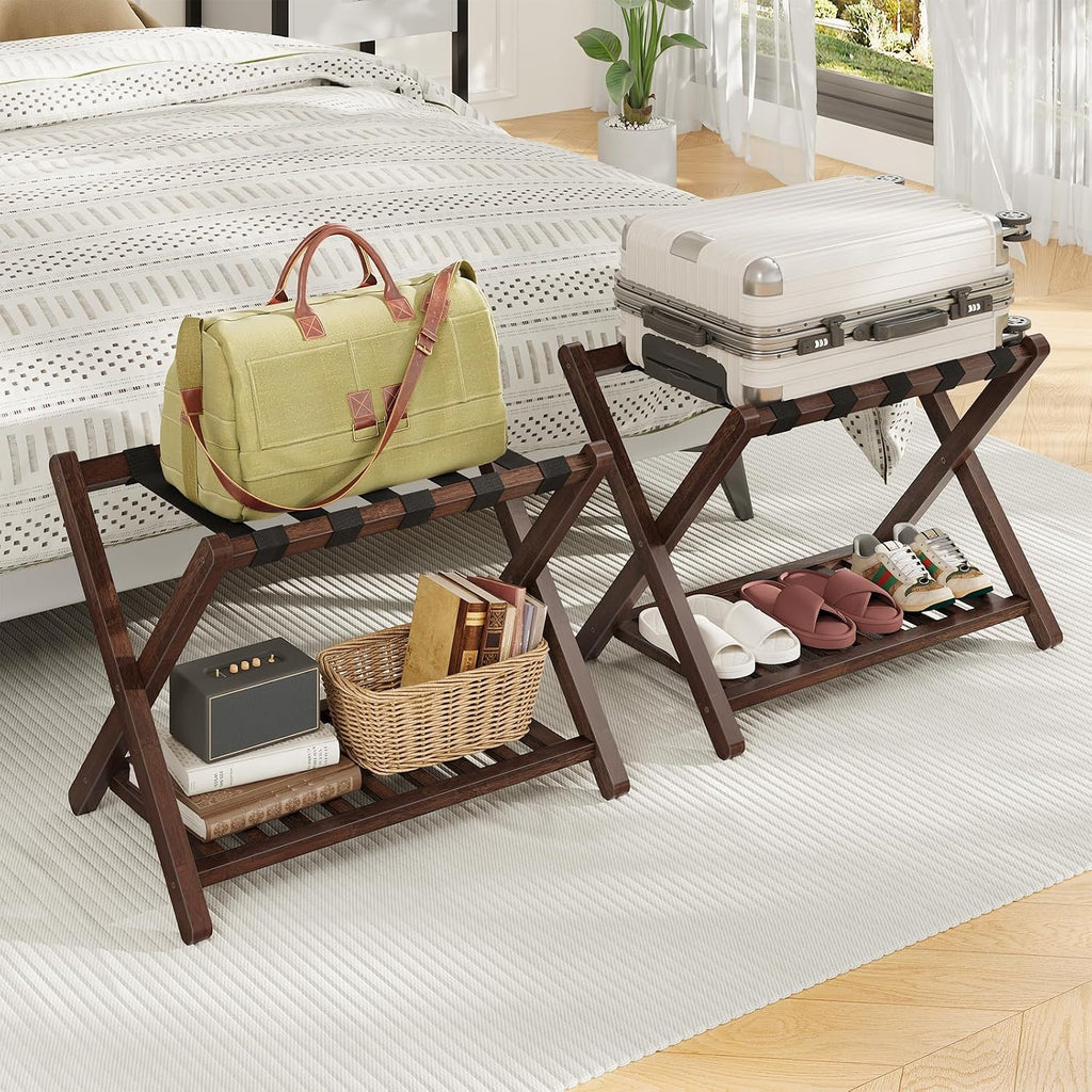 HOOBRO Luggage Racks, Set of 2 Bamboo Suitcase Stands, Folding Luggage Holders, Nylon Strap Support Top, for Guest Room, Hotel, Bedroom, Closet, Dark Brown BR18XLP201