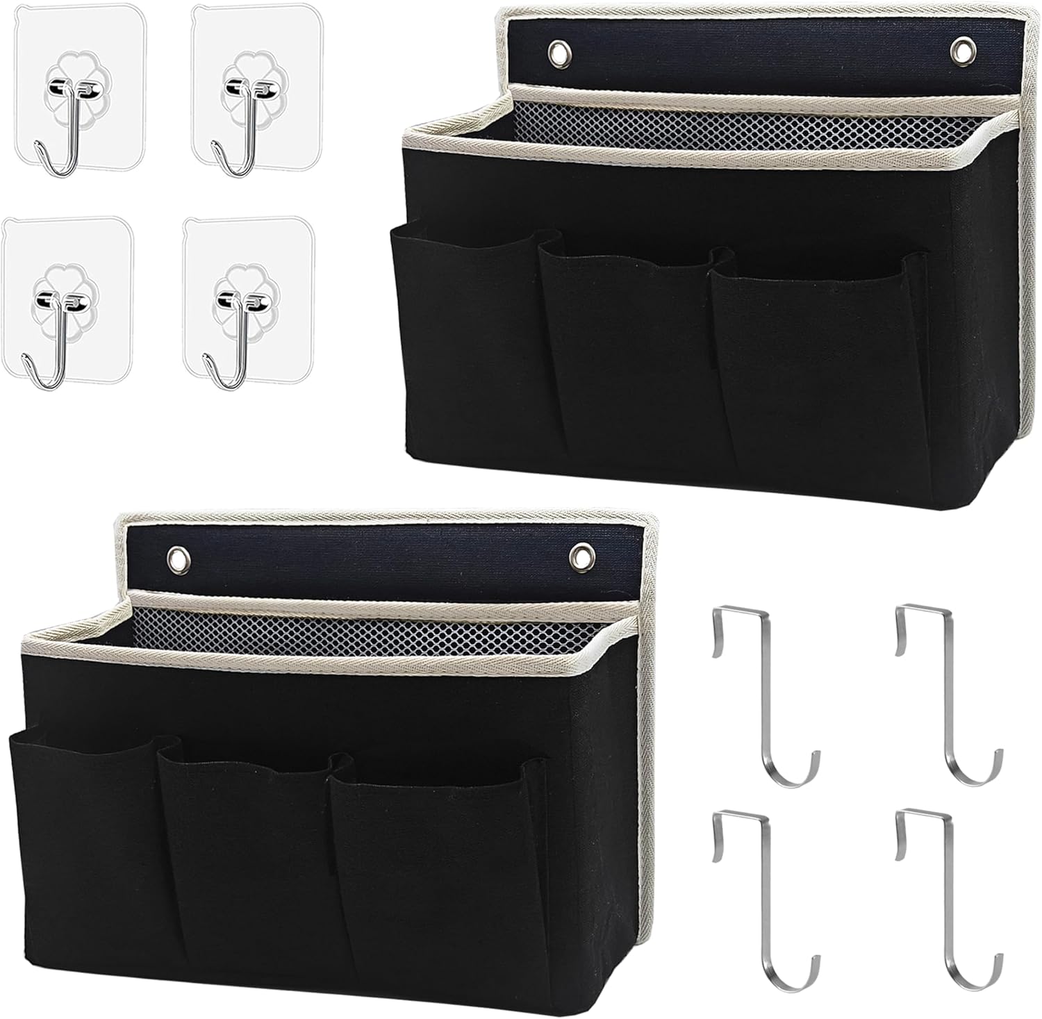2-Pack Wall Hanging Organizer Bag/Hanging Baskets with Large Mesh Compartment & 3 Pockets，Over the Door Organizer Space Saving Storage for Bedroom,RV Camper, Closet (Black - 2 Pack)