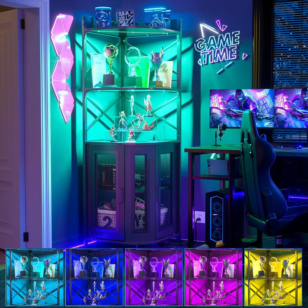 Aheaplus Corner Bar Cabinet with Power Outlet, Industrial Liquor Cabinet | 5-...