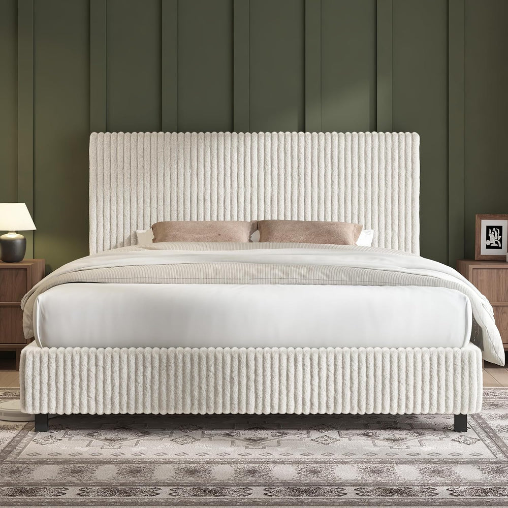 AMERLIFE Full Bed Frame, Upholstered Metal Platform Bed, Cream